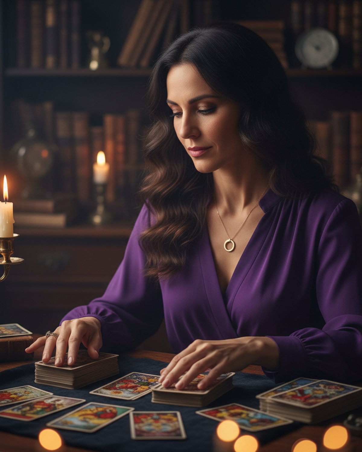 Nerea Kármica concentrada en una tirada de tarot en su consulta de Valladolid