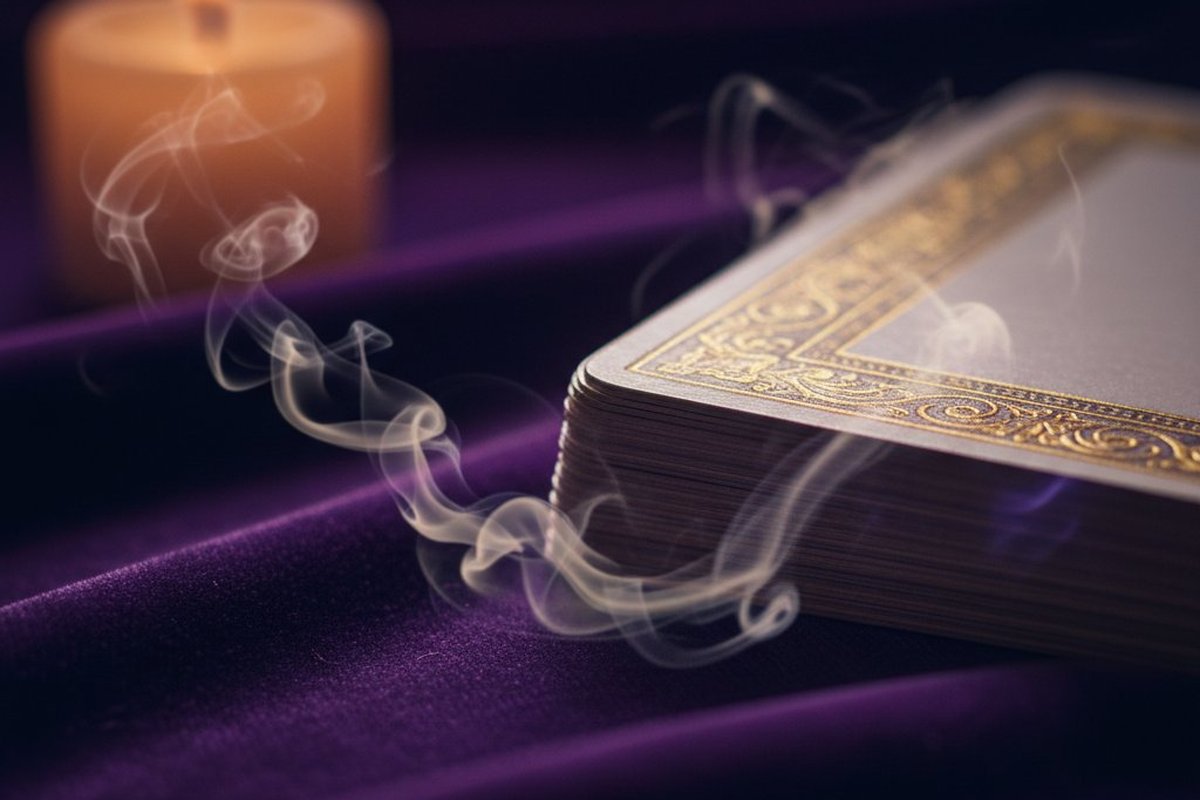 Cartas de tarot iluminadas por luz cálida sobre terciopelo violeta