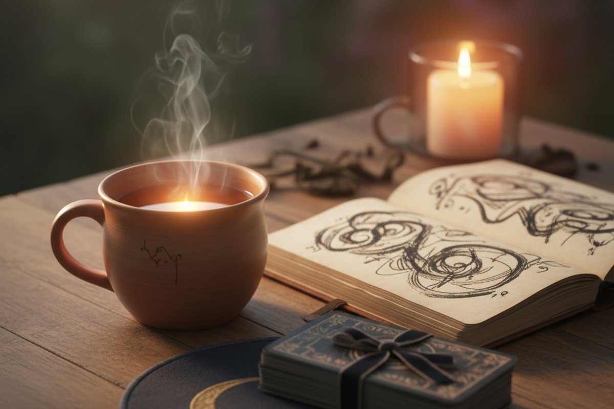 Cuaderno y taza de te junto a una baraja de tarot