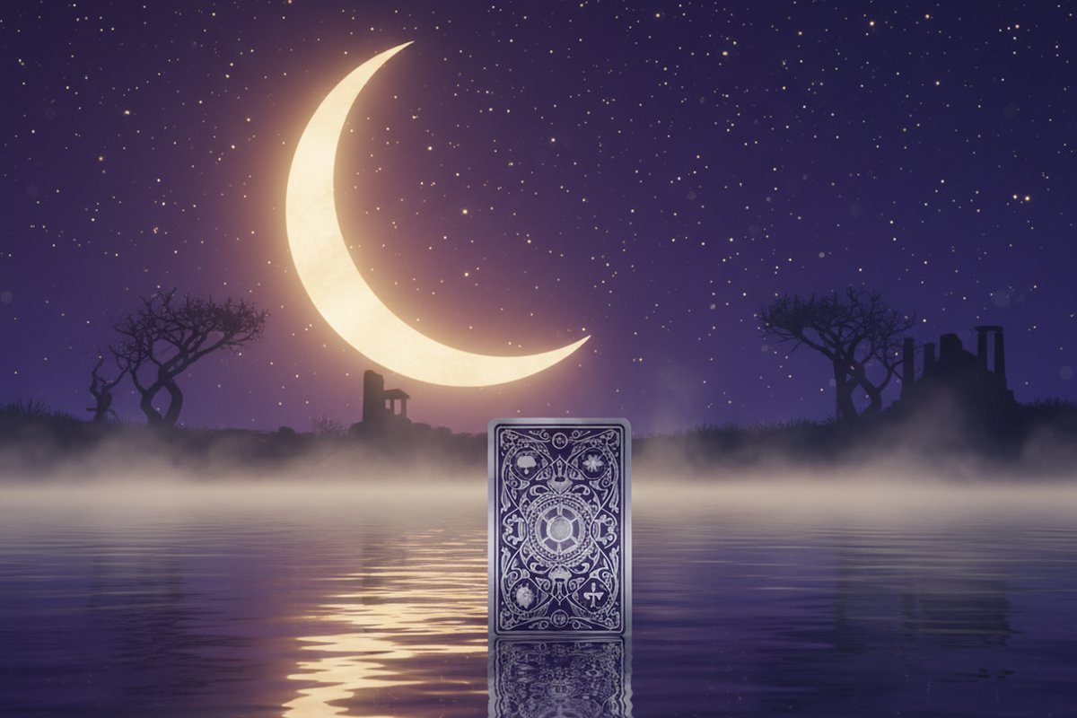Luna creciente con estrellas reflejada sobre carta de tarot flotante