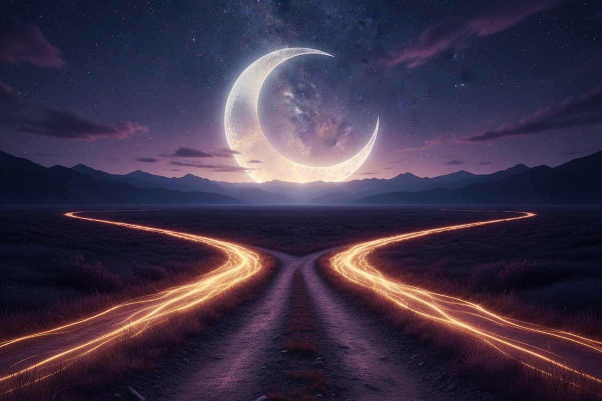 Bifurcacion de caminos bajo cielo nocturno con luna creciente