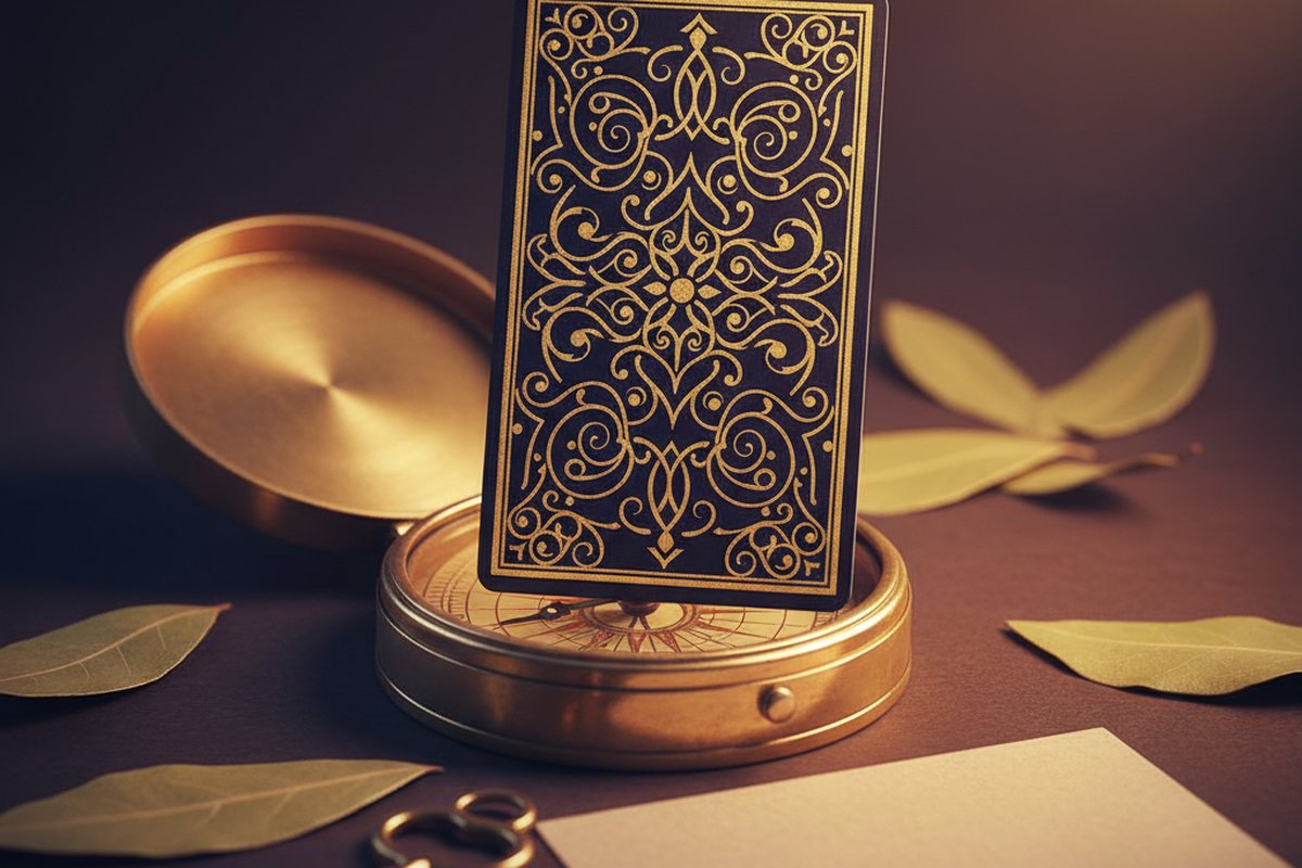 Carta de tarot sobre brujula antigua, simbolizando rumbo laboral