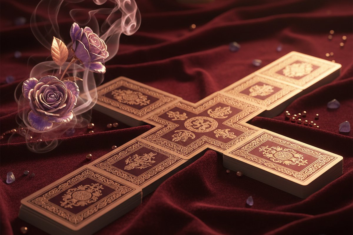 Tirada cruz celta de tarot sobre terciopelo color vino