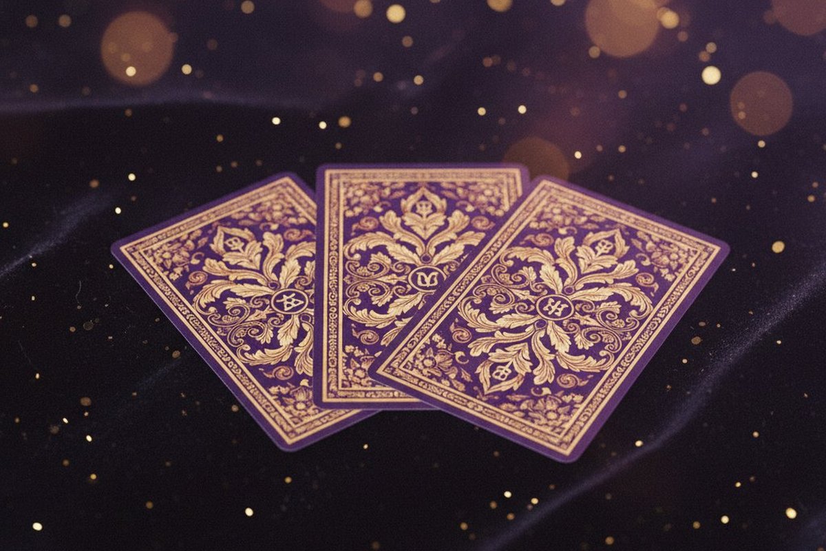 Tres cartas de tarot con dorso ornamentado en abanico sobre terciopelo