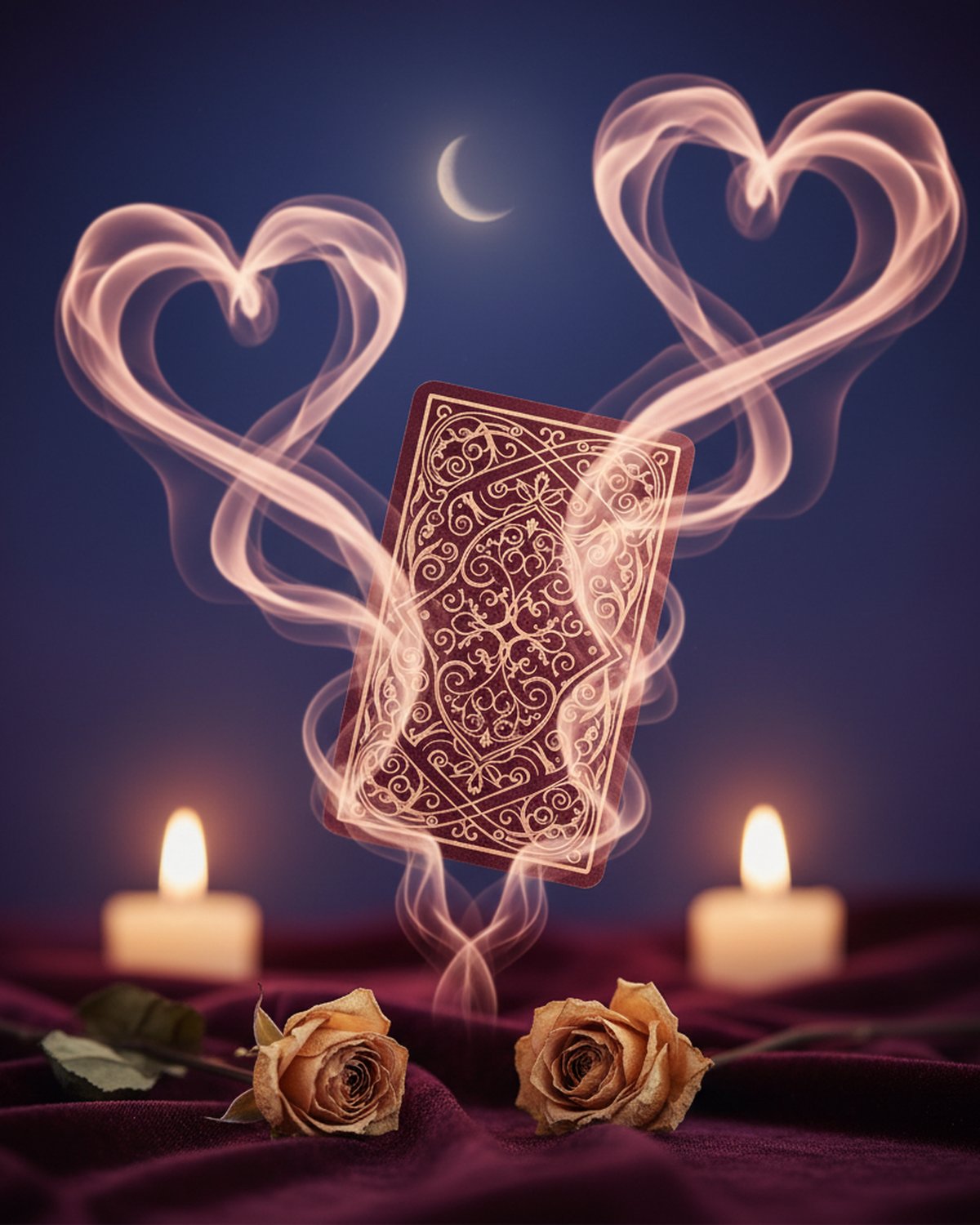Carta de tarot rodeada de humo rosa-dorado con corazones flotantes y luna creciente
