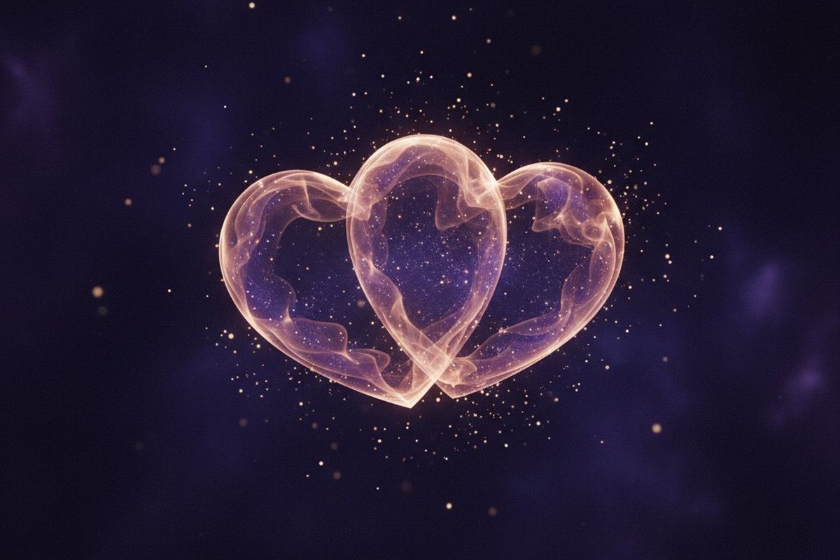 Corazones de humo dorado-rosa sobre fondo violeta nocturno