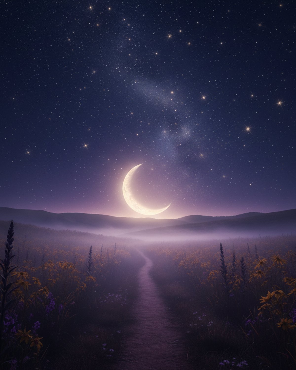 Sendero vertical bajo cielo nocturno hacia una luna creciente y galaxias doradas