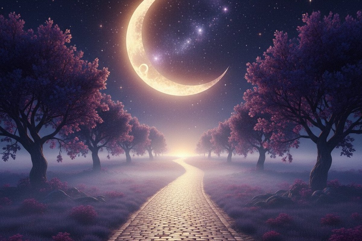 Camino sereno hacia un horizonte iluminado con luna creciente y estrellas