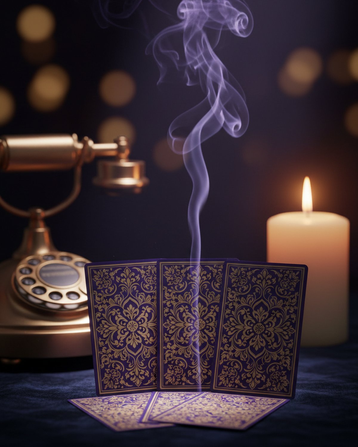 Teléfono antiguo dorado junto a tres cartas de tarot iluminadas por luz cálida con humo violeta ascendente