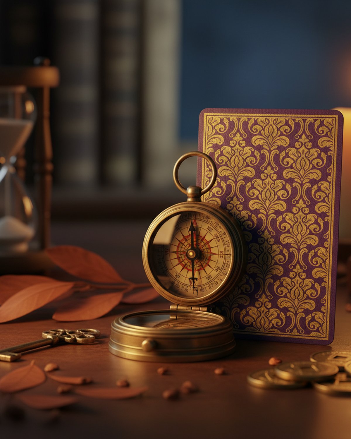 Brújula antigua de bronce con carta de tarot y monedas doradas iluminadas por luz ámbar