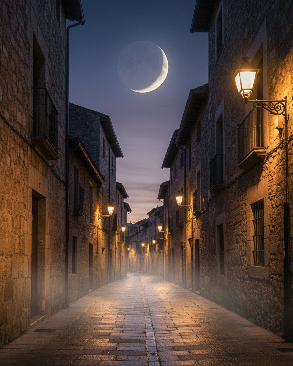 Calle empedrada del casco antiguo de Valladolid al anochecer con farolas cálidas y luna creciente sobre los tejados