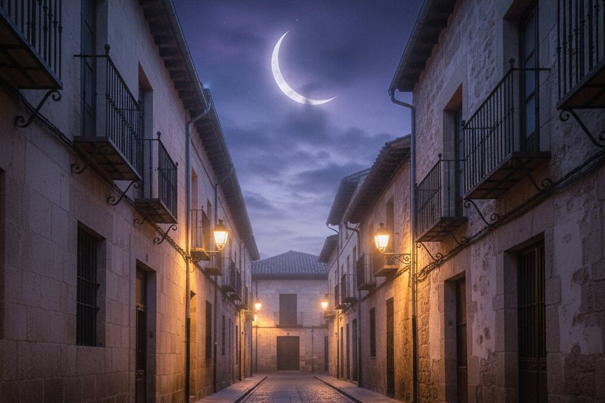 Calle castellana al anochecer con farolas cálidas y luna creciente